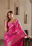 Precious Pink Foil Printed Dola Silk Party Wear Saree - women's fashion mart