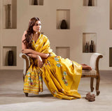 Glowing Yellow Foil Printed Dola Silk Party Wear Saree - women's fashion mart