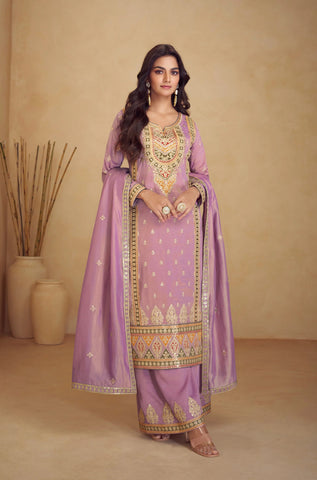 Lavender Simar Silk Palazzo Suit with Embroidered Dupatta - women's fashion mart