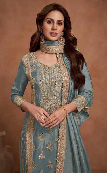 Slate Blue Simar Silk Palazzo Suit with Golden Embroidered - women's fashion mart
