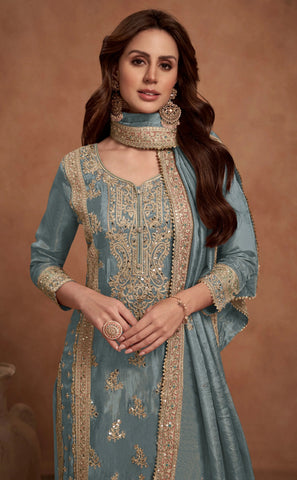 Slate Blue Simar Silk Palazzo Suit with Golden Embroidered - women's fashion mart