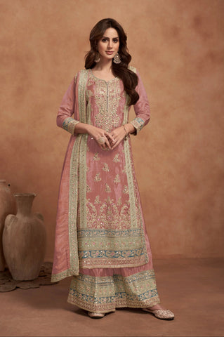 Dusty Pink Simar Silk Palazzo Suit with Golden Embroidery - women's fashion mart