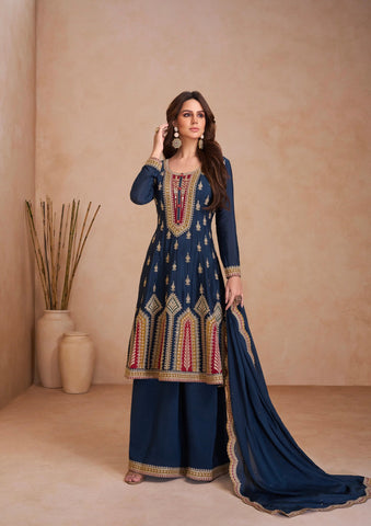 Blazing Navy Blue Embroidered Chinon Palazzo Set - women's fashion mart