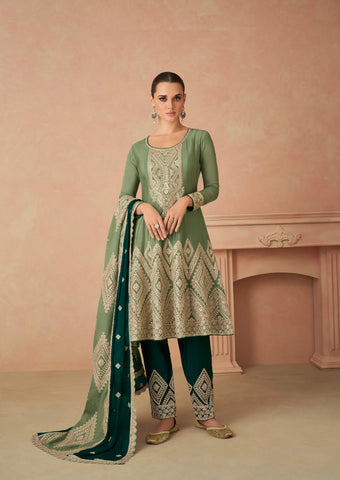 Impressive Olive Green Embroidered Chinon Salwar Set - women's fashion mart