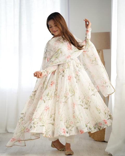 White Organza Floral Printed Anarkali Salwar Suit - women's fashion mart