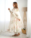 White Organza Floral Printed Anarkali Salwar Suit - women's fashion mart