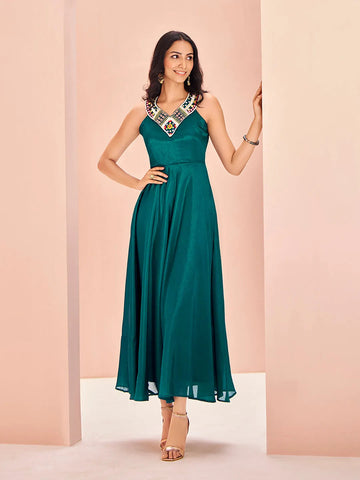 Elegant Designer Teal Green Chinon Hand Worked Gown Dress - women's fashion mart