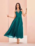 Elegant Designer Teal Green Chinon Hand Worked Gown Dress - women's fashion mart