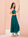Elegant Designer Teal Green Chinon Hand Worked Gown Dress - women's fashion mart