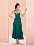 Elegant Designer Teal Green Chinon Hand Worked Gown Dress - women's fashion mart