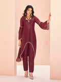 Classic Maroon Hand Worked Organza Kurta Set - women's fashion mart
