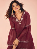 Classic Maroon Hand Worked Organza Kurta Set - women's fashion mart