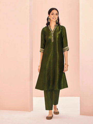 Enchanting Olive Green Organza Hand Worked Kurta Set - women's fashion mart