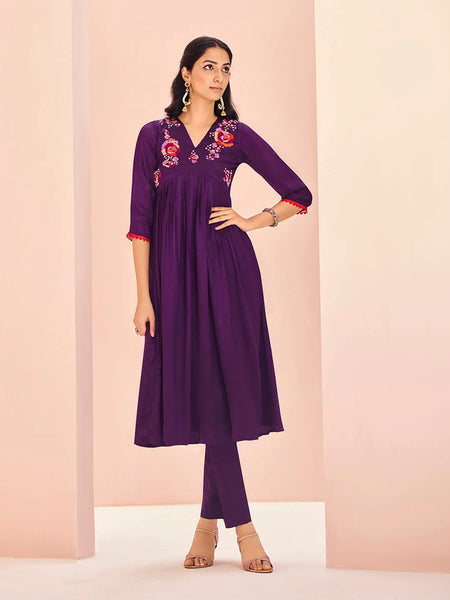 Breathtaking and Vivid Wine Hand Worked Chinon Kurta Set - women's fashion mart