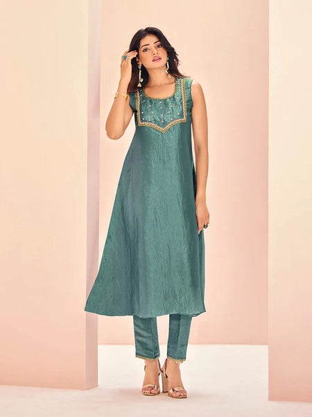 Stunning and Pristine Aqua  Organza Hand Worked Kurta Set - women's fashion mart