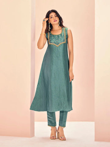 Stunning and Pristine Aqua  Organza Hand Worked Kurta Set - women's fashion mart
