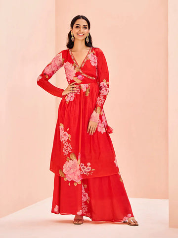 Charming and Ravishing Red Chinon Floral Printed Palazzo Set - women's fashion mart