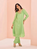 Exquisite Pista Green Chinon Hand Worked Kurta Set - women's fashion mart