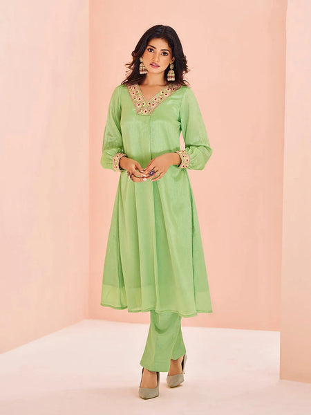 Exquisite Pista Green Chinon Hand Worked Kurta Set - women's fashion mart