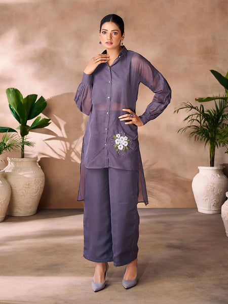 Luxurious Greyish Purple Hand Worked Organza Co-Ord Set - women's fashion mart