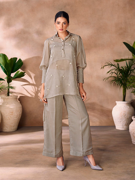Blazing Dusty Grey Organza Hand Worked Co-Ord Set - women's fashion mart