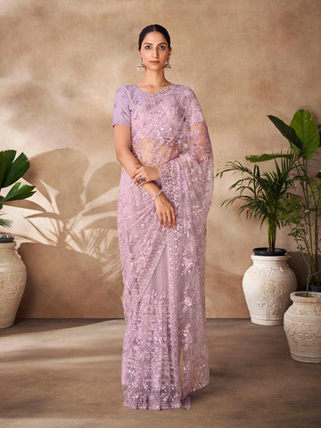 Lilac color Embroidered and zarkan work saree - women's fashion mart