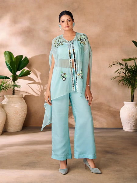 Enchanting Aqua Blue Organza Hand Worked Co-Ord Set - women's fashion mart