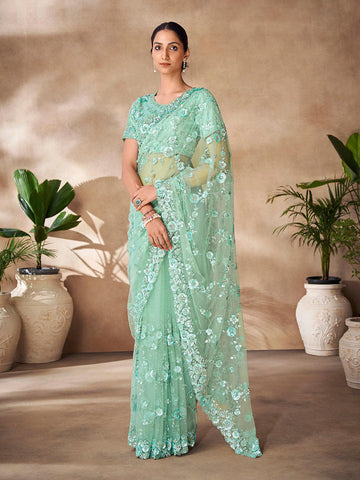 Mint blue net base embroidered and zarkan work saree - women's fashion mart