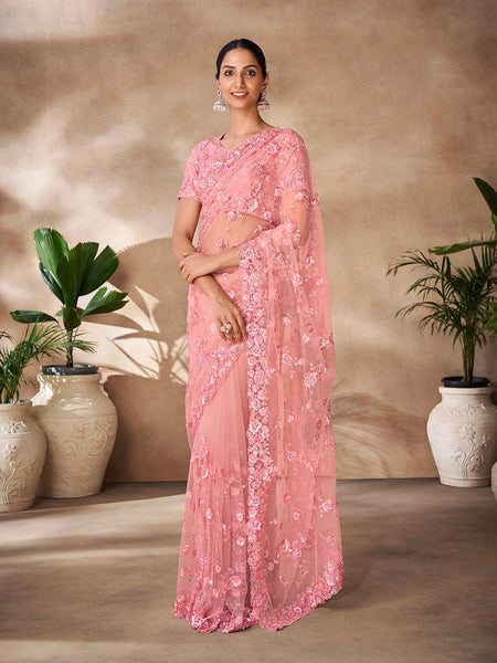 Peach color net base zarkan, thread and embroidered saree - women's fashion mart