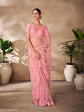 Peach color net base zarkan, thread and embroidered saree - women's fashion mart