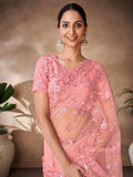 Peach color net base zarkan, thread and embroidered saree - women's fashion mart