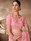 Peach color net base zarkan, thread and embroidered saree - women's fashion mart