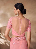 Peach color net base zarkan, thread and embroidered saree - women's fashion mart