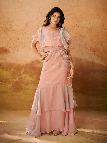 Baby Pink Organza Handworked Designer Ready To Wear Saree - women's fashion mart