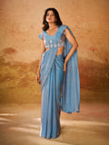 Heavenly Sky Blue Hand Worked Organza Ready To Wear Saree - women's fashion mart