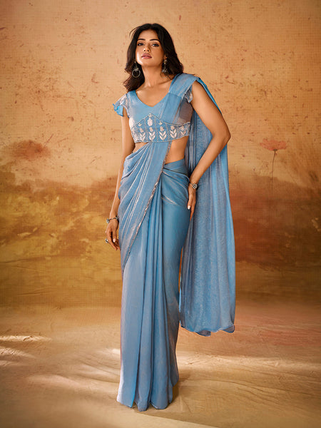 Heavenly Sky Blue Hand Worked Organza Ready To Wear Saree - women's fashion mart