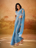 Heavenly Sky Blue Hand Worked Organza Ready To Wear Saree - women's fashion mart