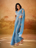 Turquoise Organza Handworked Designer Ready To Wear Saree - women's fashion mart