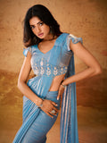 Heavenly Sky Blue Hand Worked Organza Ready To Wear Saree - women's fashion mart