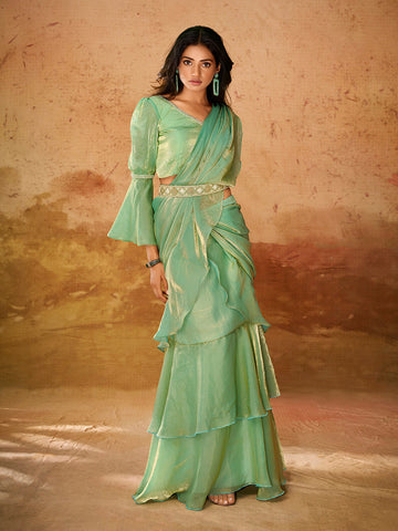 Elegant Pristine Pista Green Organza Ready To Wear Saree - women's fashion mart