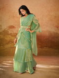 Elegant Pristine Pista Green Organza Ready To Wear Saree - women's fashion mart