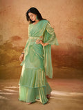 Green Organza Handworked Designer Ready To Wear Saree - women's fashion mart