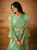 Green Organza Handworked Designer Ready To Wear Saree - women's fashion mart