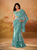 Outstanding Turquoise Sequined Organza Ready To Wear Saree - women's fashion mart