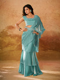 Outstanding Turquoise Sequined Organza Ready To Wear Saree - women's fashion mart