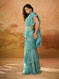 Outstanding Turquoise Sequined Organza Ready To Wear Saree - women's fashion mart