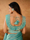 Outstanding Turquoise Sequined Organza Ready To Wear Saree - women's fashion mart