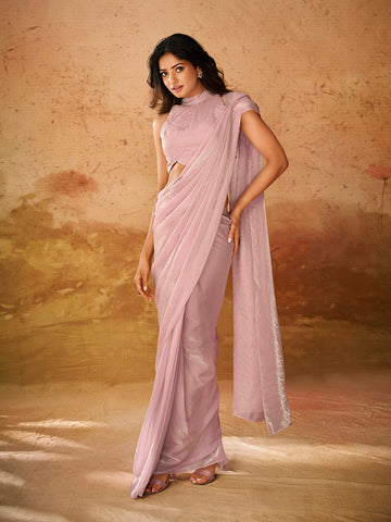 Stunning Rose Pink Hand Worked Organza Ready To Wear Saree - women's fashion mart