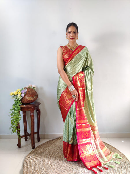 Zari Weaving Banarasi Soft Silk Ready to Wear Saree -Ready to Wear Saree sky pink women's fashion mart