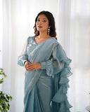 peach color ready to wear ruffle saree - women's fashion mart